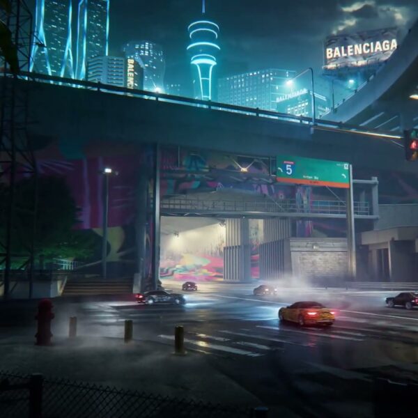 Night city street with Balenciaga billboard